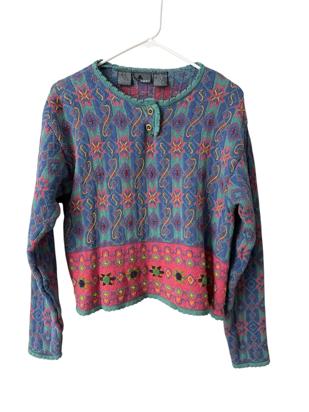 Vintage Liz Wear Beaded Southwestern Cotton Sweater Size M